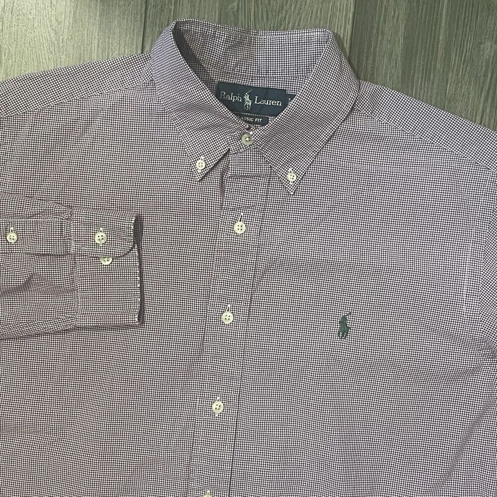 Ralph Lauren Button Down Shirt Men's 16 Purple Checkered Classic Fit Performance